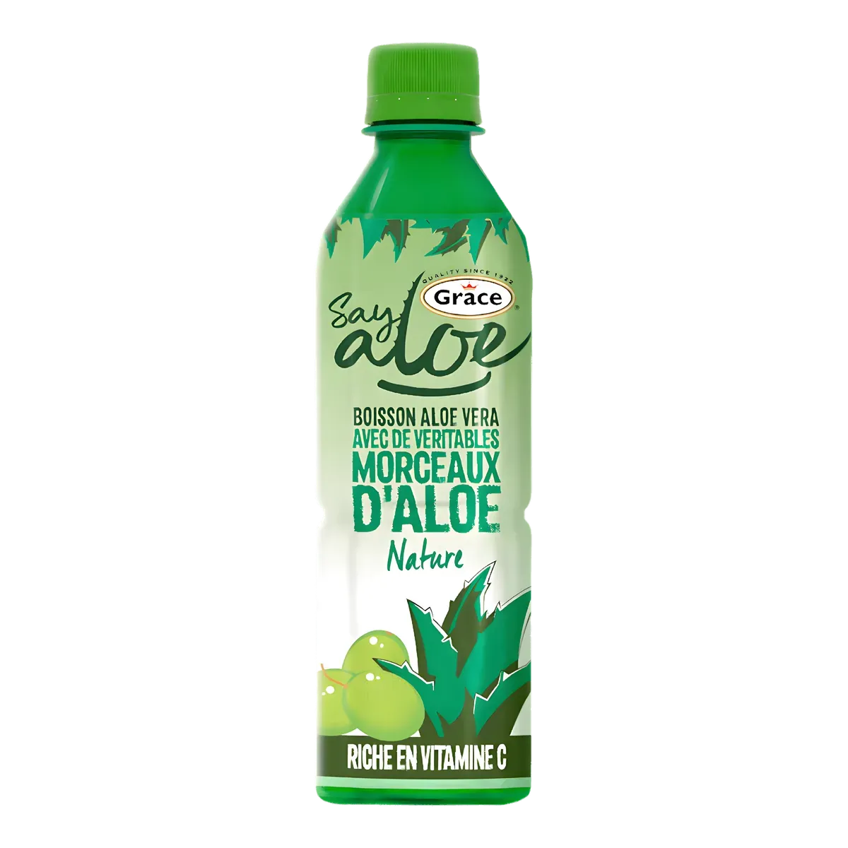 Bouteille de jus d'aloe vera GRACE Naturel avec pulpe d'aloe, boisson rafraîchissante riche en vitamine C, catégorie jus naturels.